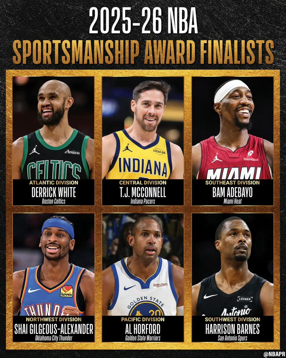 本赛季道德风尚奖候选人：亚历山大、阿德巴约、怀特、麦康奈尔、霍福德、巴恩斯 