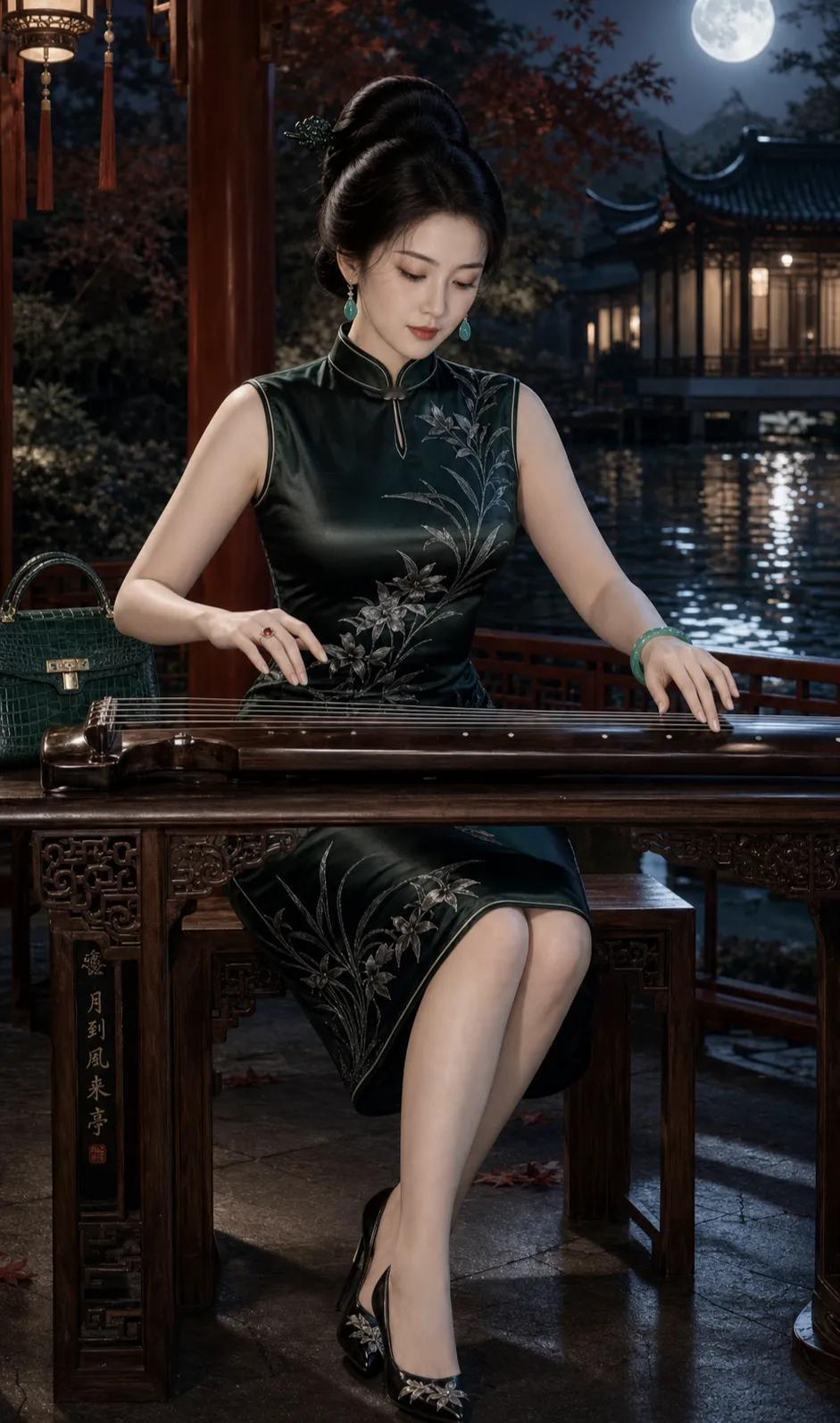 她身着一袭深墨绿色缎面旗袍，色泽如深夜的湖水般沉静神秘，银线绣出的兰草花纹在月光
