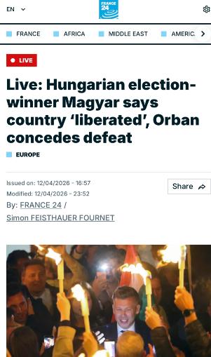 法媒：匈牙利大选执政16年的奥尔班下台
 
法国 24 频道当地时间 4 月 1