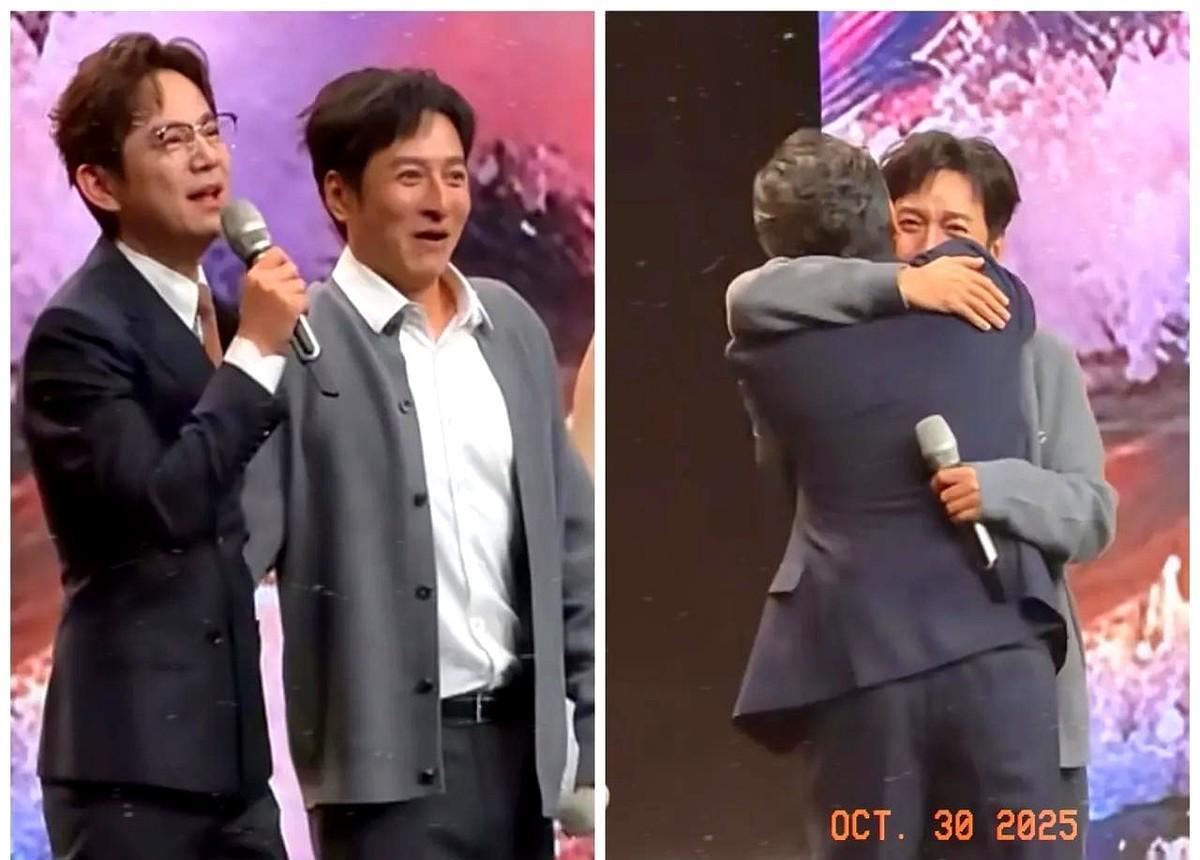 他复出那晚，没提新剧没谈代言，一上台就奔着何炅去了。
一个拥抱，俩人眼圈都红了。