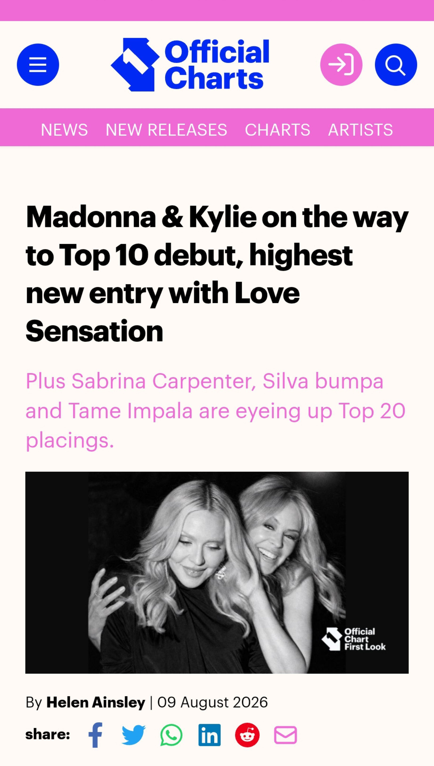 英国Official Charts发布最新预测，Madonna与Kylie Mi