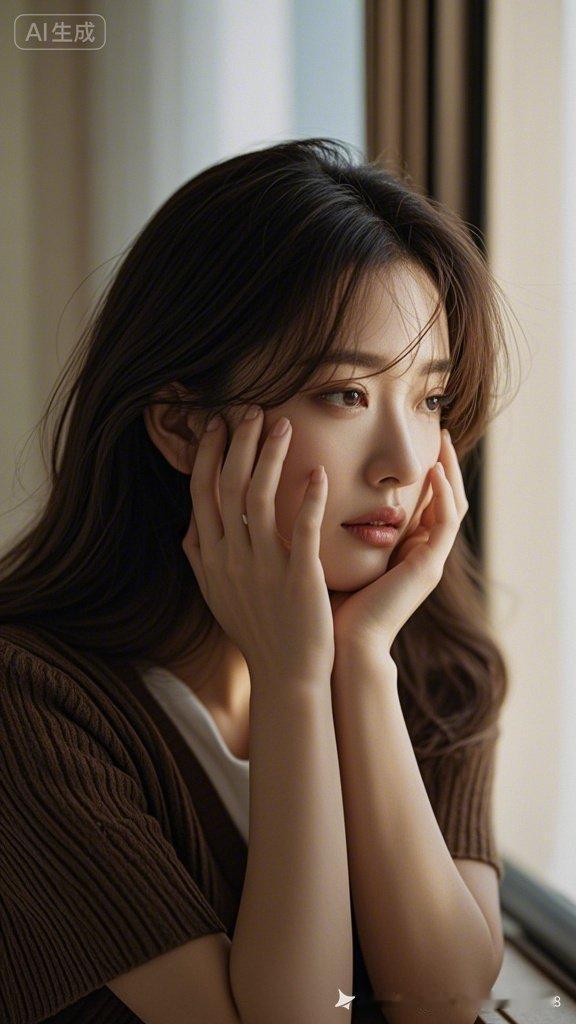 窗边沉思的少女，静谧时光的温柔瞬间。
