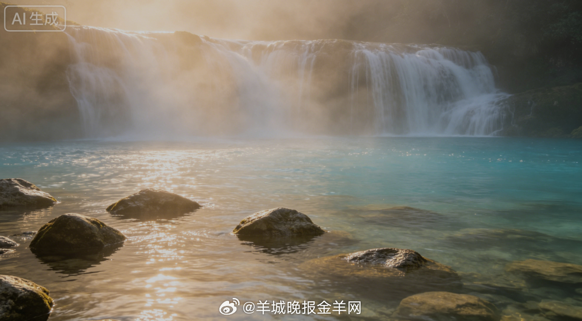 #早安# 薄雾缠绕潺潺飞瀑，晨光落在澄澈浅水上，踩着温润石块缓步闲走。水汽裹挟草