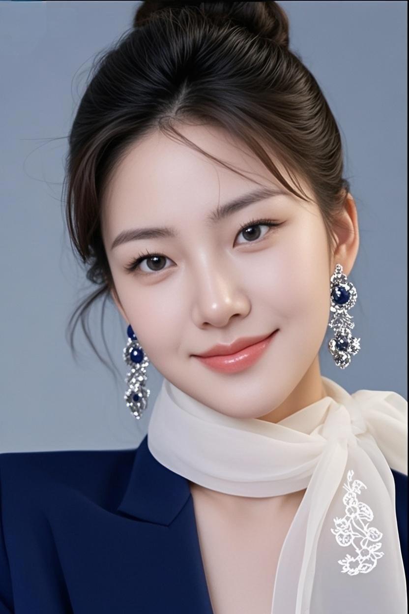 优雅气质，蓝白相间，闪耀耳环，完美妆容