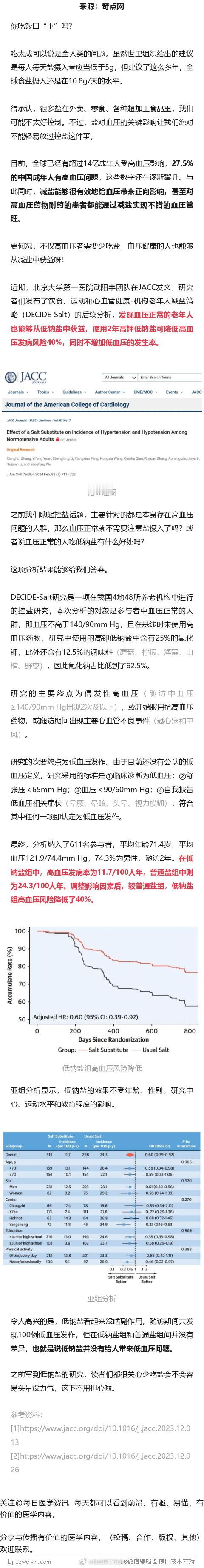 JACC：低钠盐可防高血压！北大团队发现，血压正常的老年人使用低钠盐，患高血压风