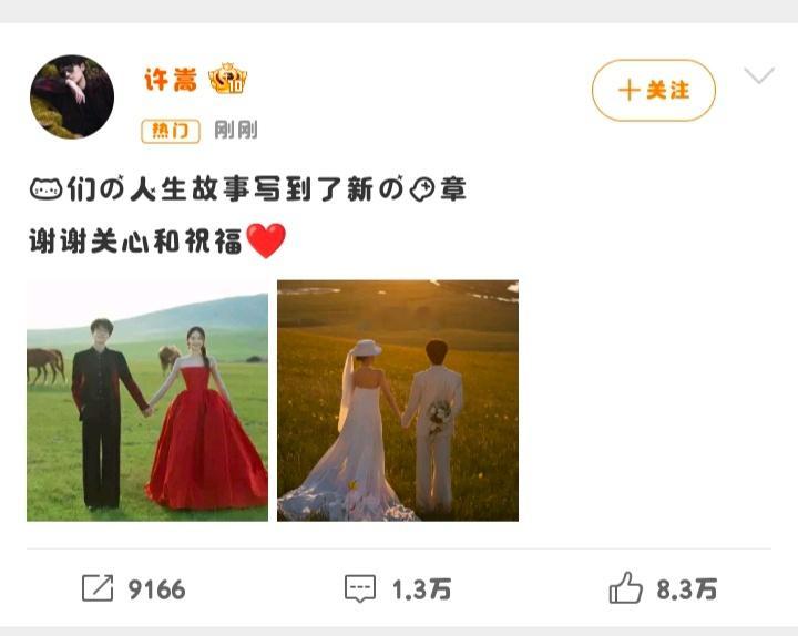 许嵩冯禧正式官宣结婚，相差14岁，许嵩冯禧 所以和偶像结婚了，话题瞬间冲上热搜高