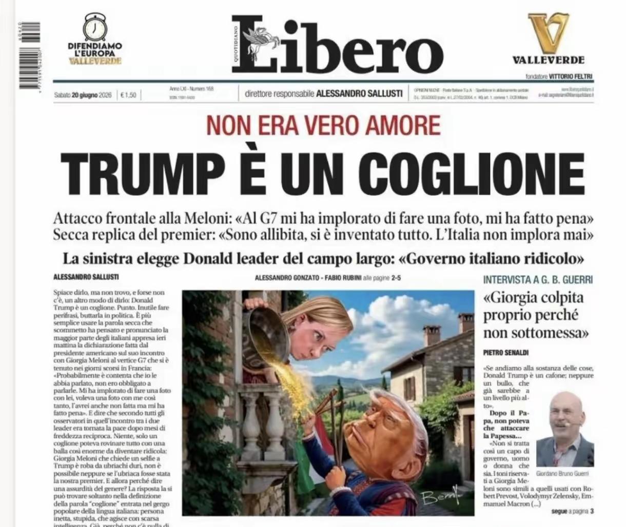 美意矛盾彻底公开，意大利《Libero》尖锐痛斥特朗普
 
美意双边争端持续发酵