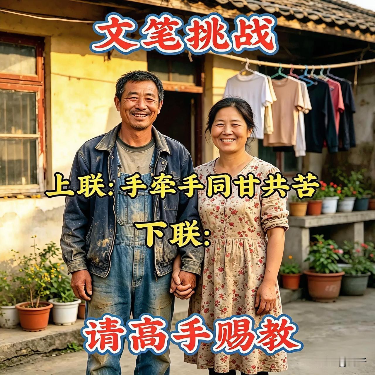 这张图配上联太绝了！
“手牵手同甘共苦”，
瞬间就破防了！
一辈子手牵手，
同甘