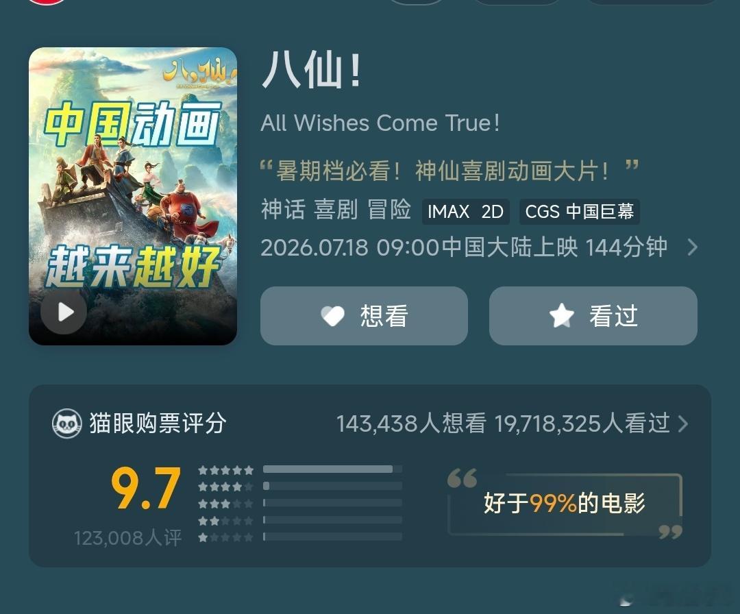 《八仙》的口碑这么好啊，猫眼评分有9.7分，你们看了没有？ 