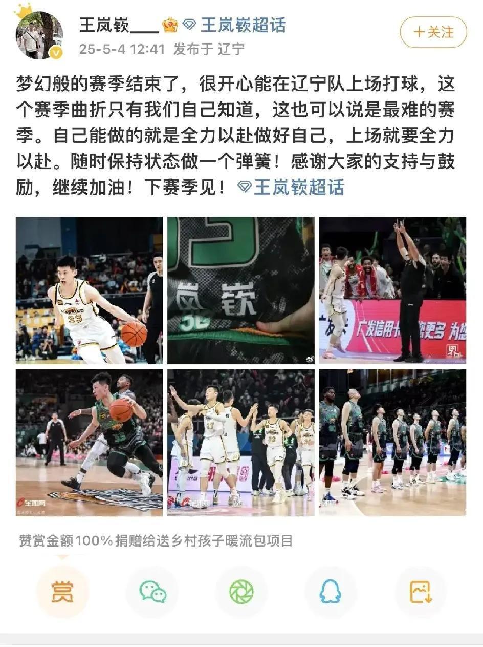 王岚嵚发文感慨在辽宁队的一年，称是梦幻般的赛季，遭到知名自媒体人疑似不满的表达。