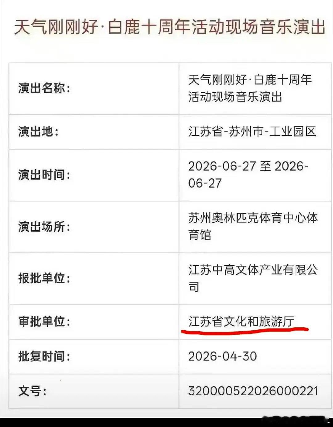 白鹿演唱会审批单位江苏文旅 
