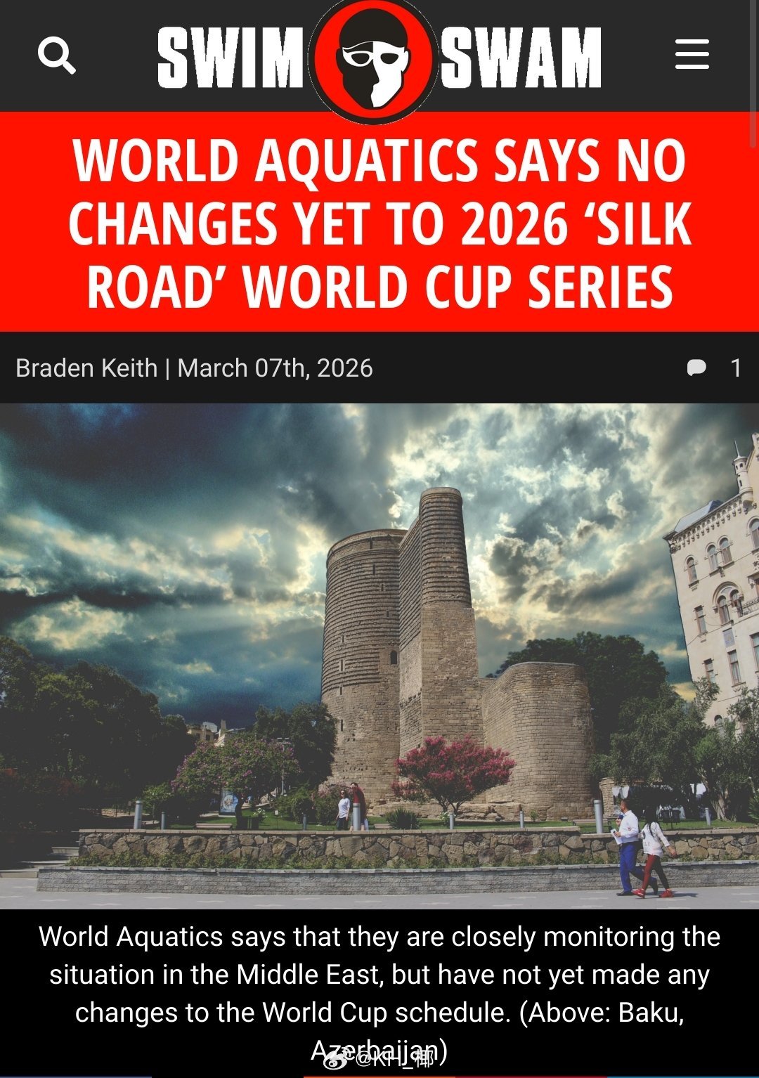 随着现在伊朗局势日益紧张，世界泳联表示密切关注局势最新变化，暂时对今年下半年在中