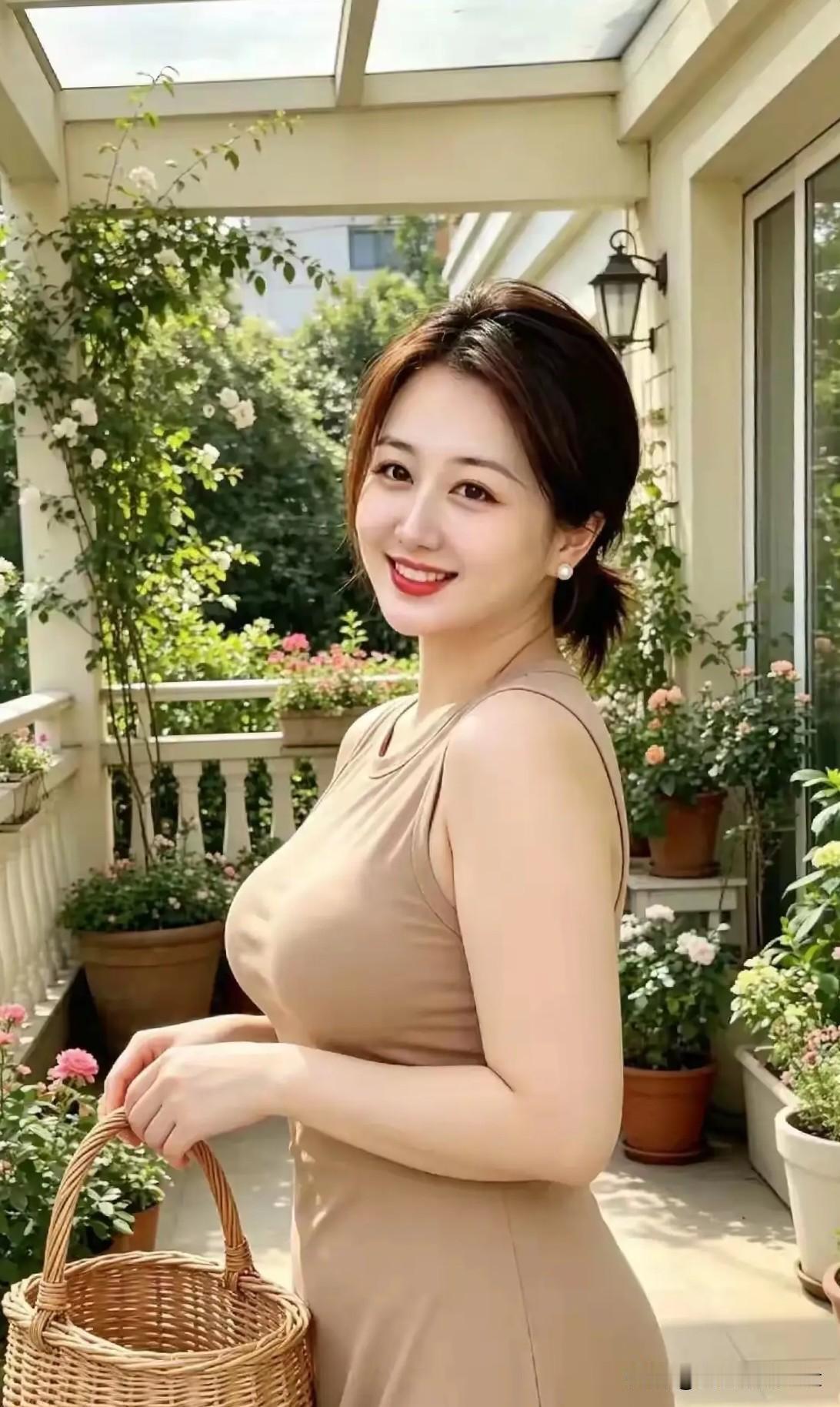 山坡羊·花廊闲影
 
藤花漫架，晴光轻洒，
素裙柔倚芳檐下。
握藤筐，笑含霞，