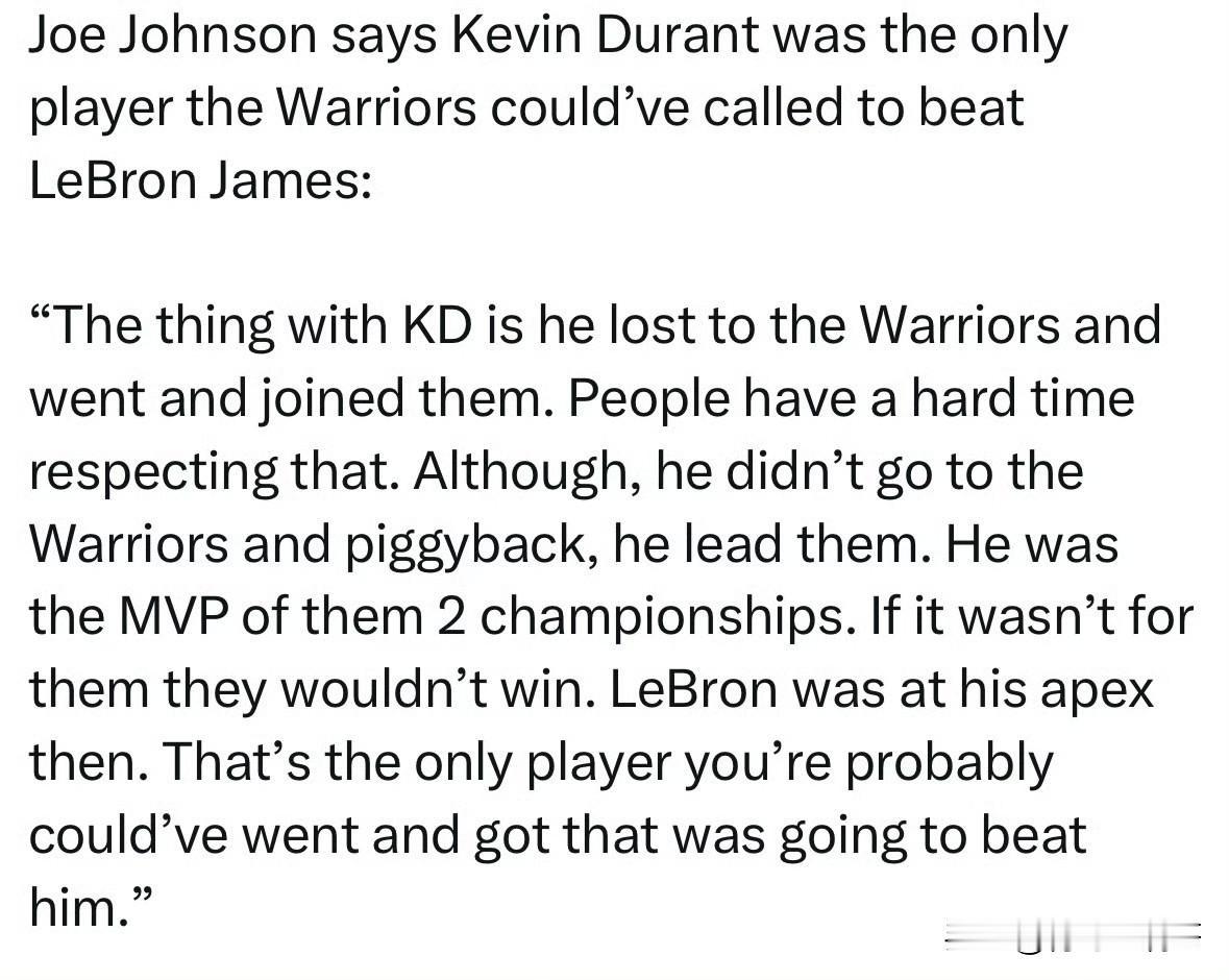 单打乔力挺杜兰特！！！加盟勇士非抱团，无他勇士无法击败詹姆斯！

近日，前NBA