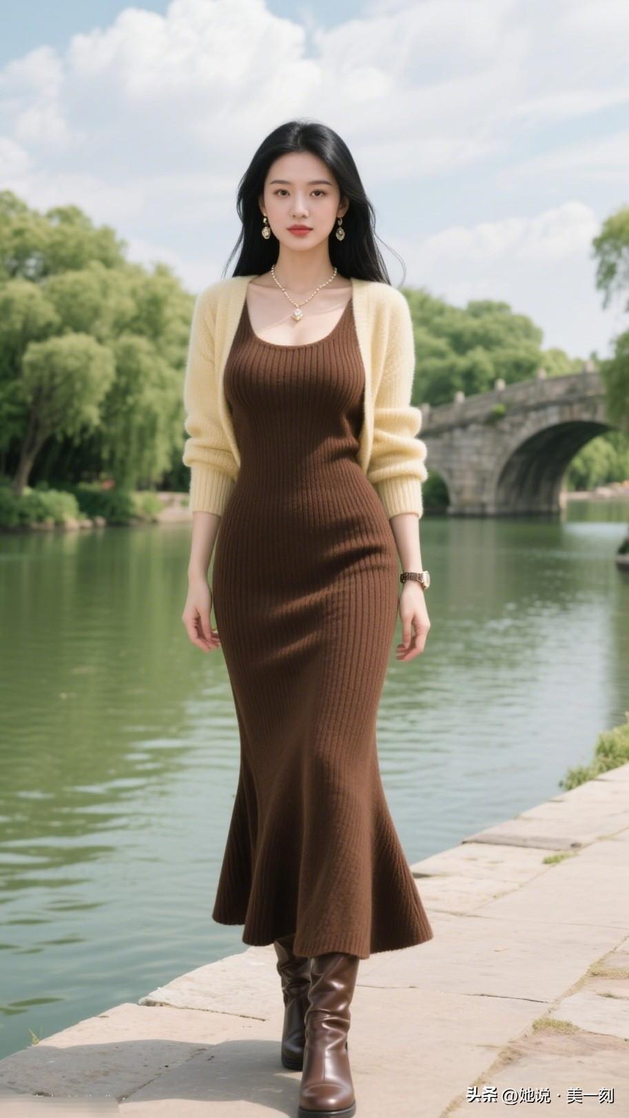 碧水映红妆，美女桥边行。拥有绝美身材,是种怎样的体验? 优雅连衣裙搭配米色开衫，
