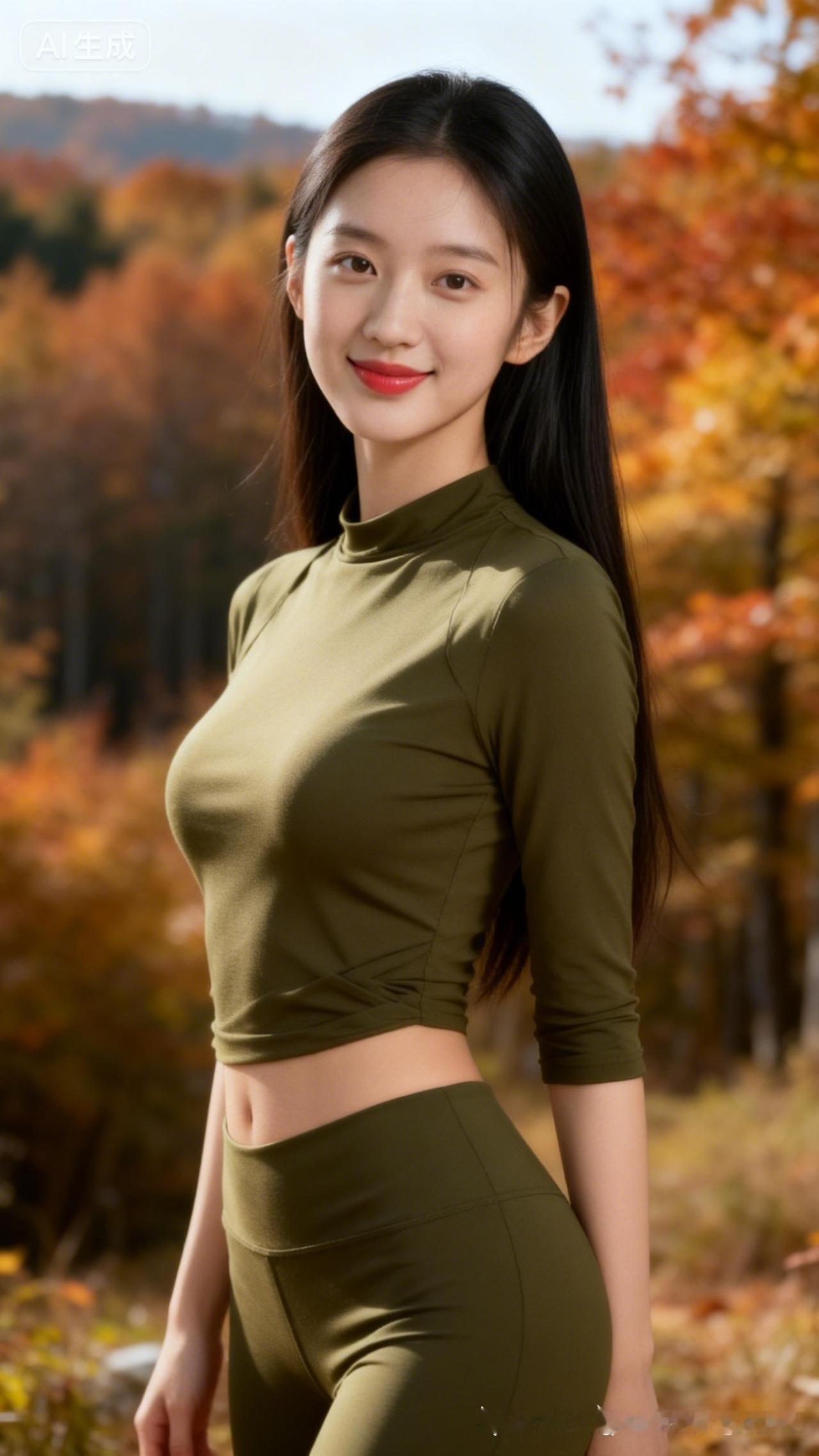 秋日森林中的时尚女孩，绿色运动装搭配自然背景，活力满满！🍂💚👗