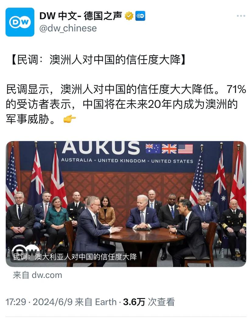 德国之声昨天（6月9日）报道：“【民调：澳洲人对中国的信任度大降】民调显示，澳洲