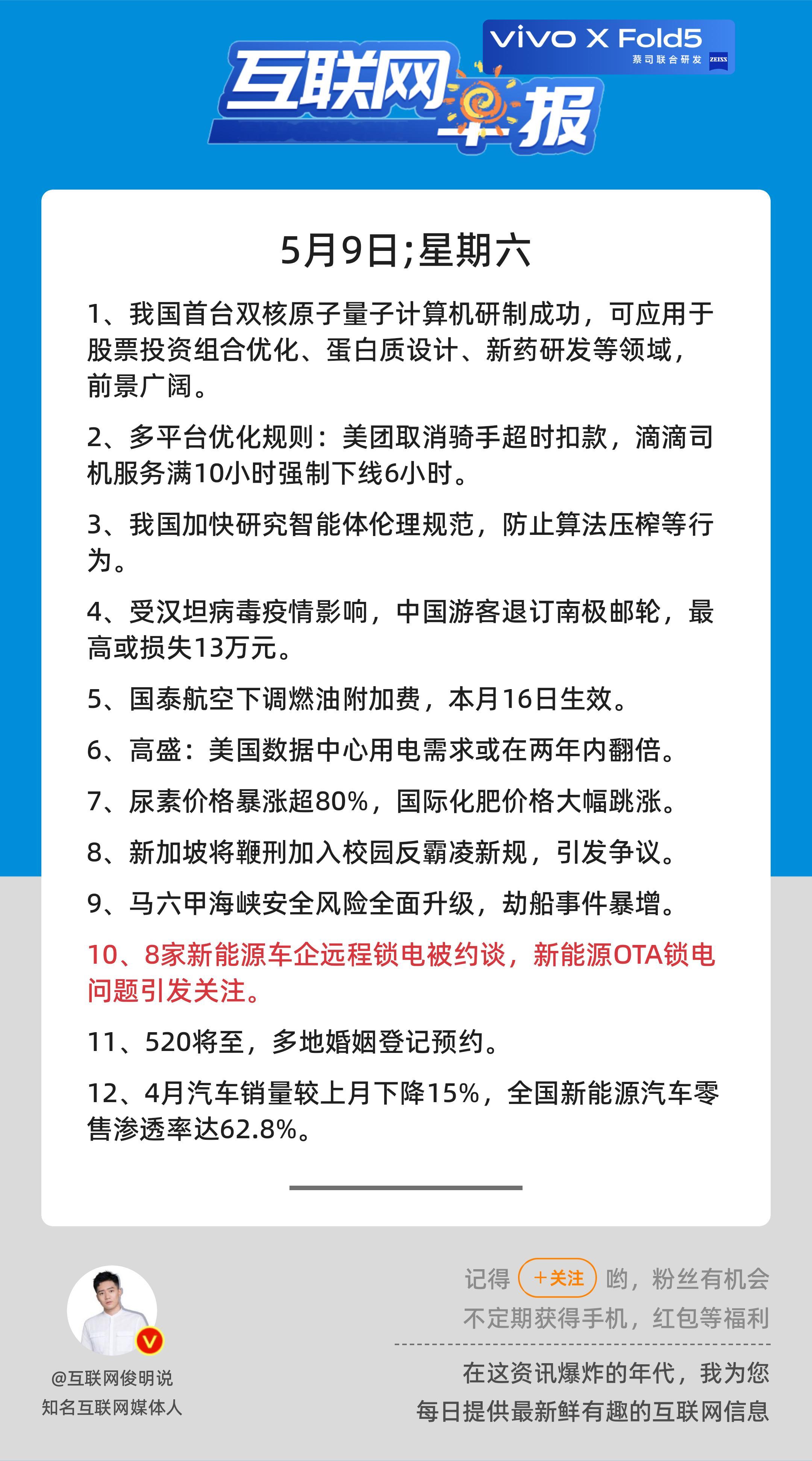 5月9日，星期六，《第3133期》；互联网早报，众览天下事关心第10条：8家新能