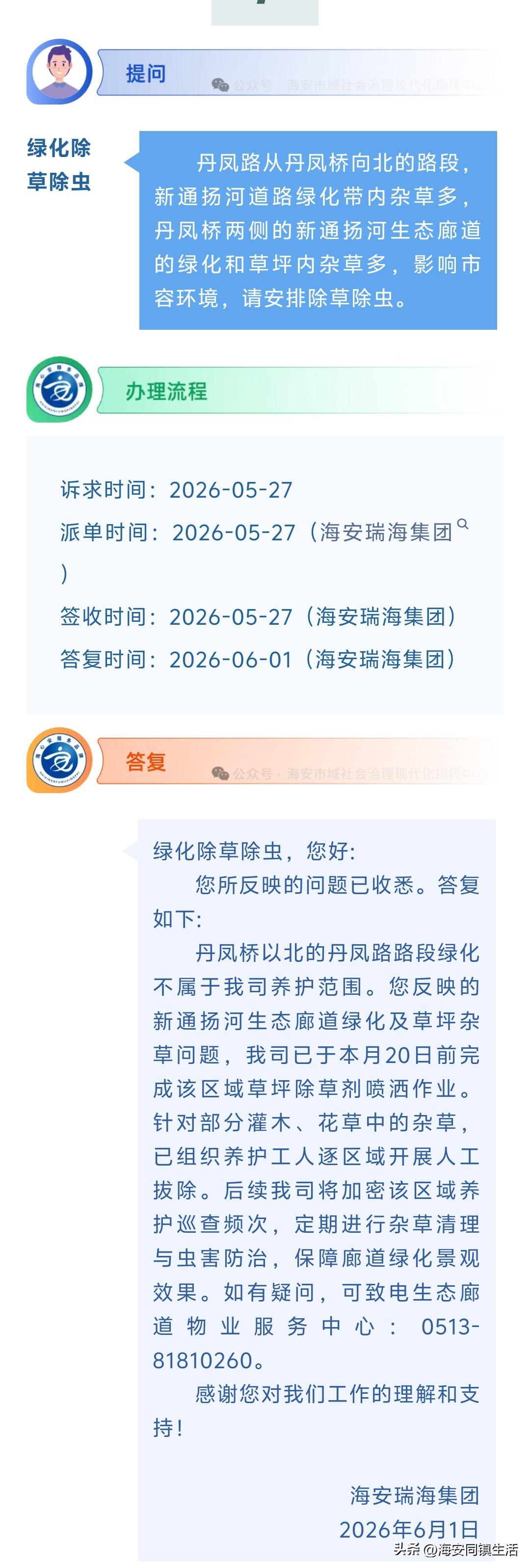 海安网友反映:  丹凤路从丹凤桥向北的路段，新通扬河道路绿化带内杂草多，丹凤桥两