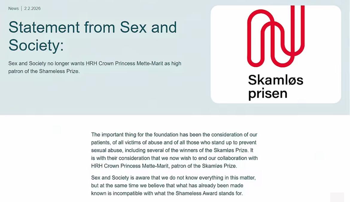 2月2日，挪威最大的性和生殖健康和权利中心宣布终止与王储妃梅特-玛丽特的合作，更