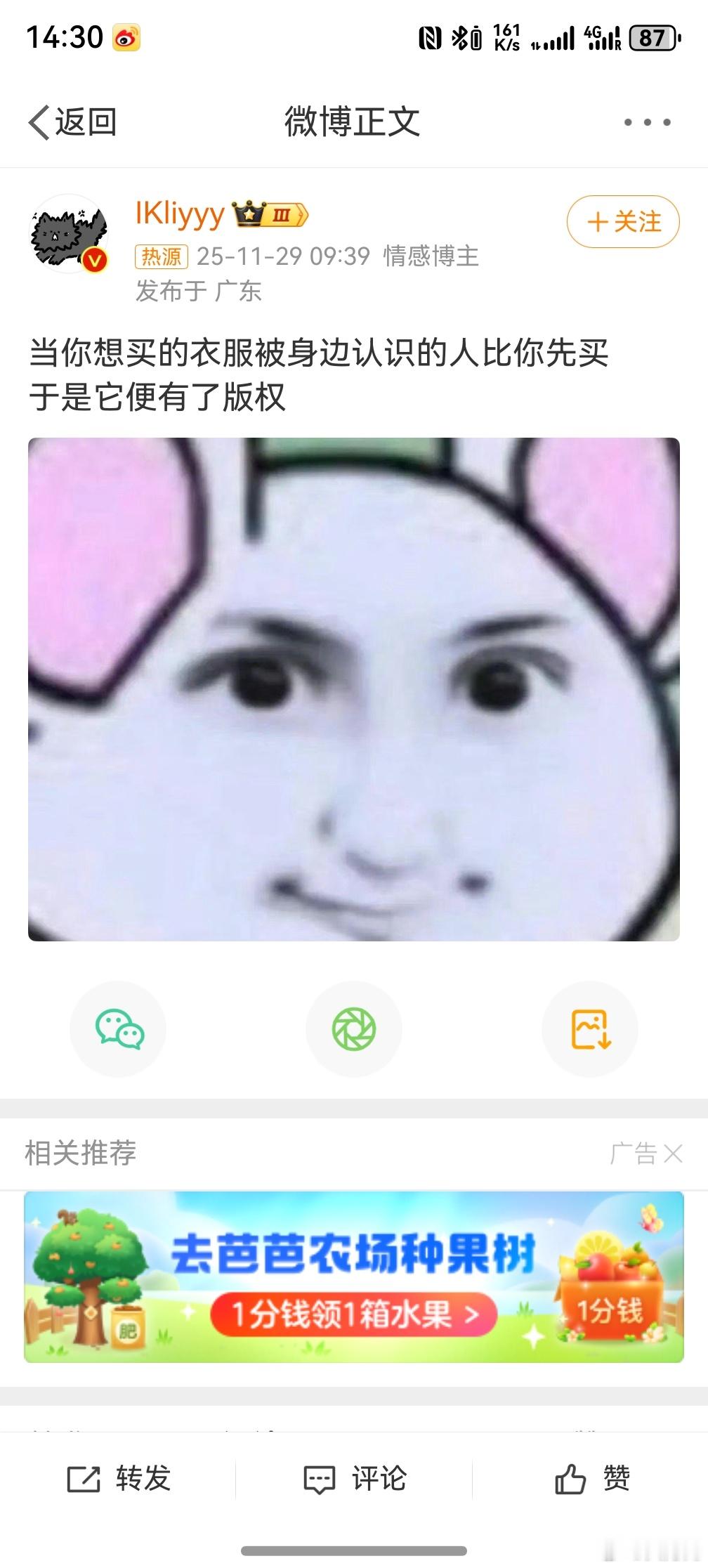 想买的衣服有了版权 ，哈哈哈，真实了，大街上和陌生人撞衫没关系，但是和自己每天都