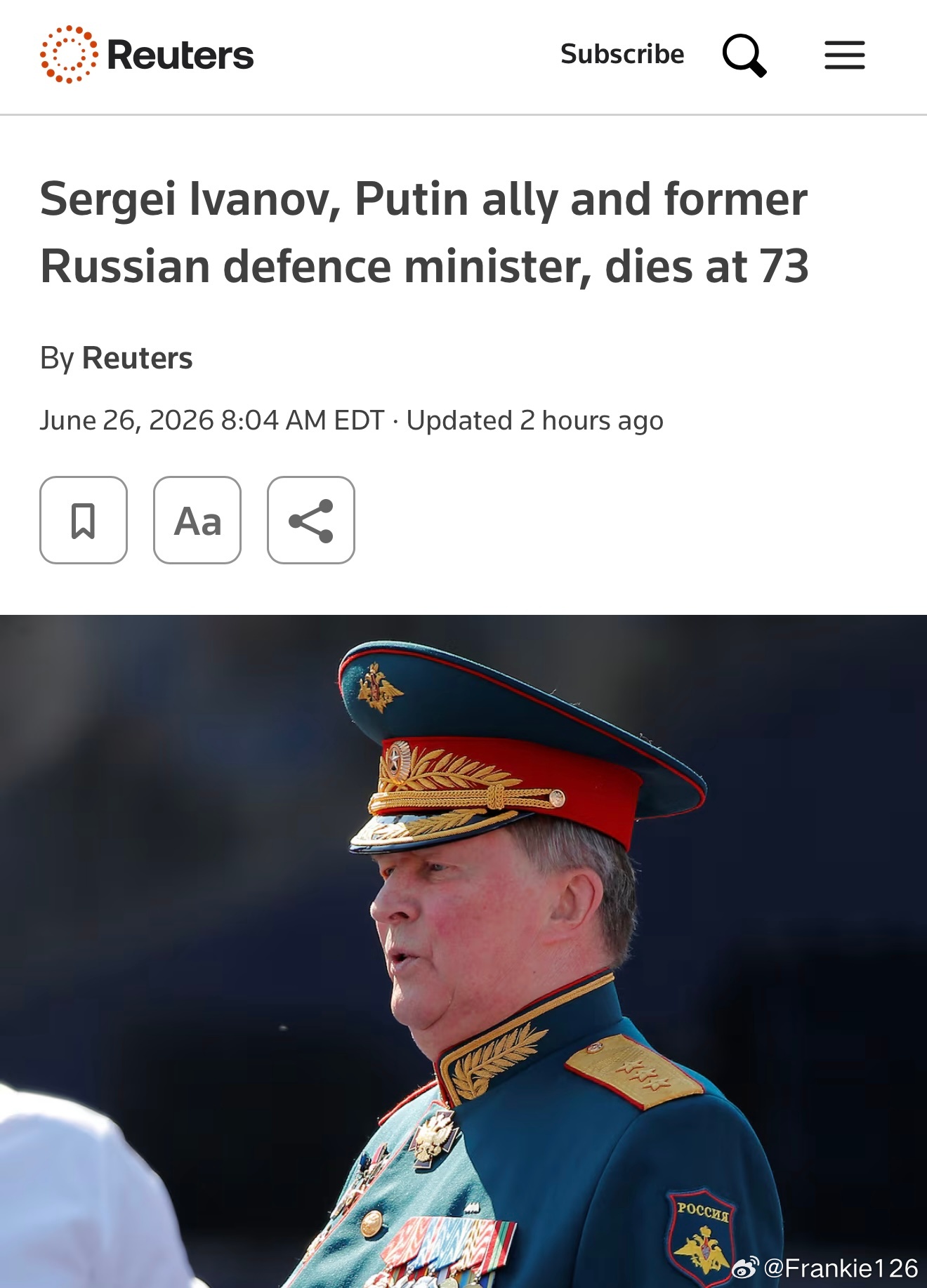 前俄羅斯國防部長謝爾蓋·伊萬諾夫（Sergei Ivanov）逝世前俄羅斯國防部