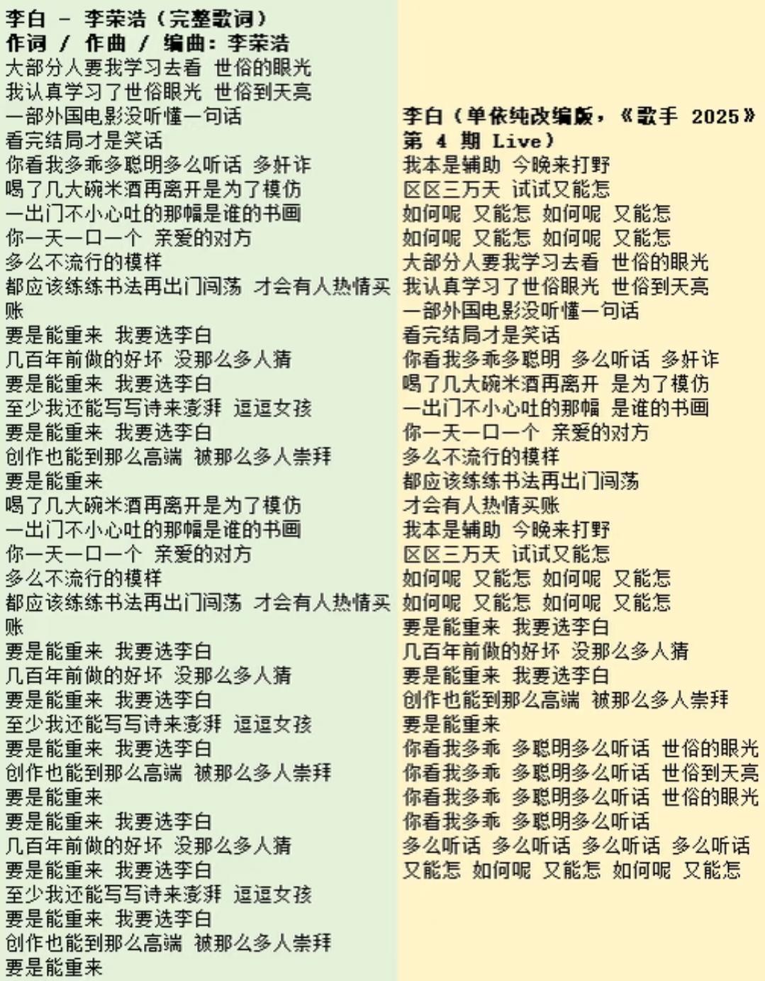 李荣浩原创李白VS单依纯改编版李白

这么一看歌词，李荣浩的没好哪去，不过旋律好