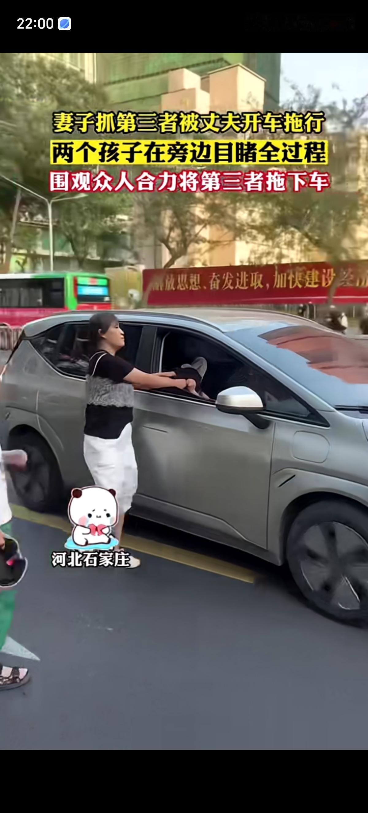 妻子一脸淡定的站在汽车外面抓着第三者的头发不撒手，一双儿女都在旁边看着。最后还是