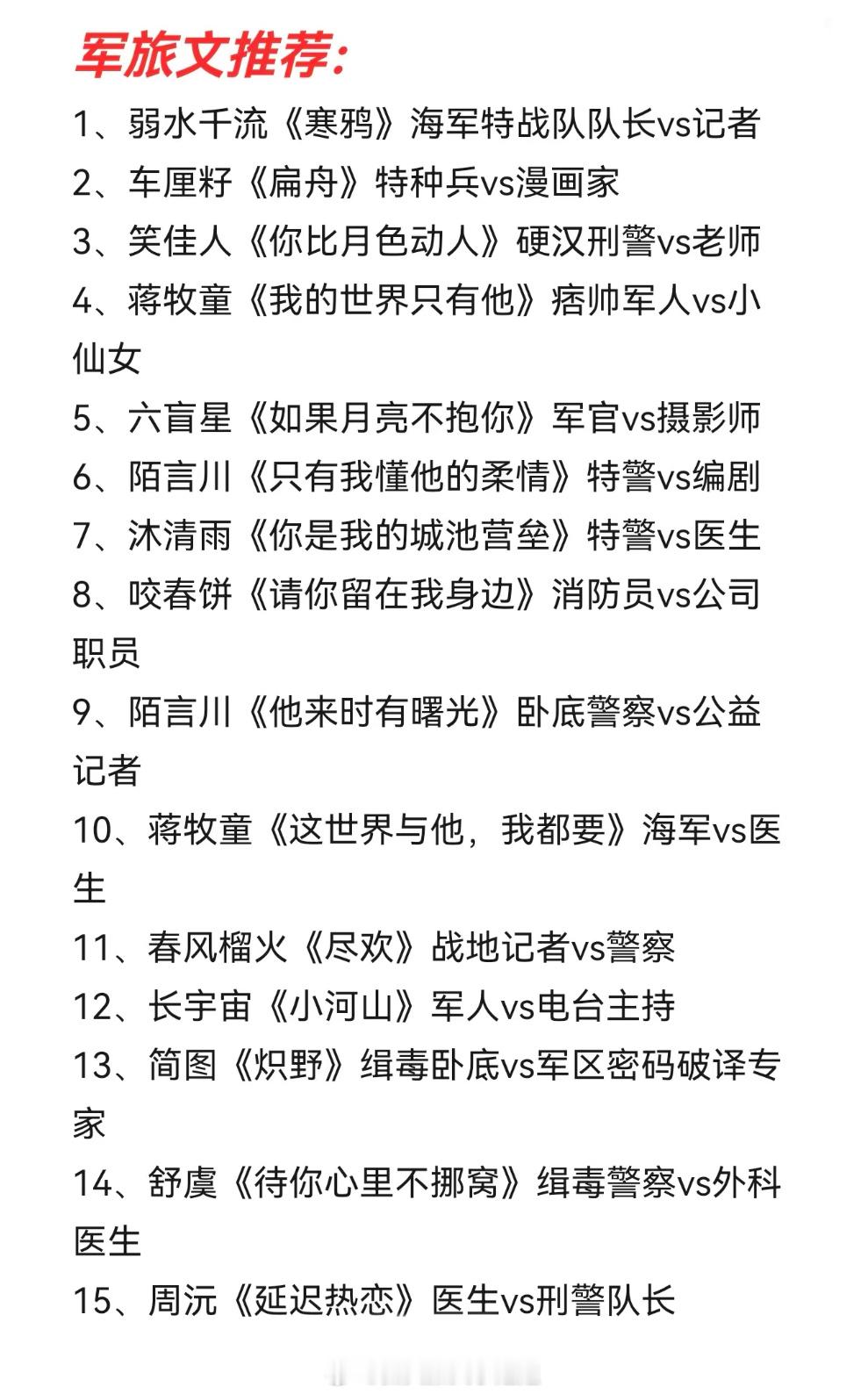 喜欢军旅文的姐妹速来～都是经典好看的仙品文，你最喜欢的是哪篇呢！！[我想开了][