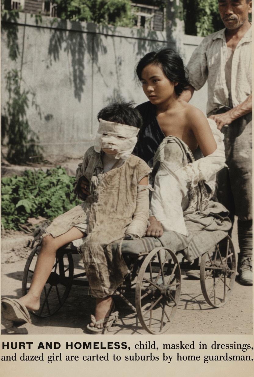 1952年9月29日，广岛核爆后，轮椅之上的日本孩童，整张脸庞被厚重绷带层层包扎