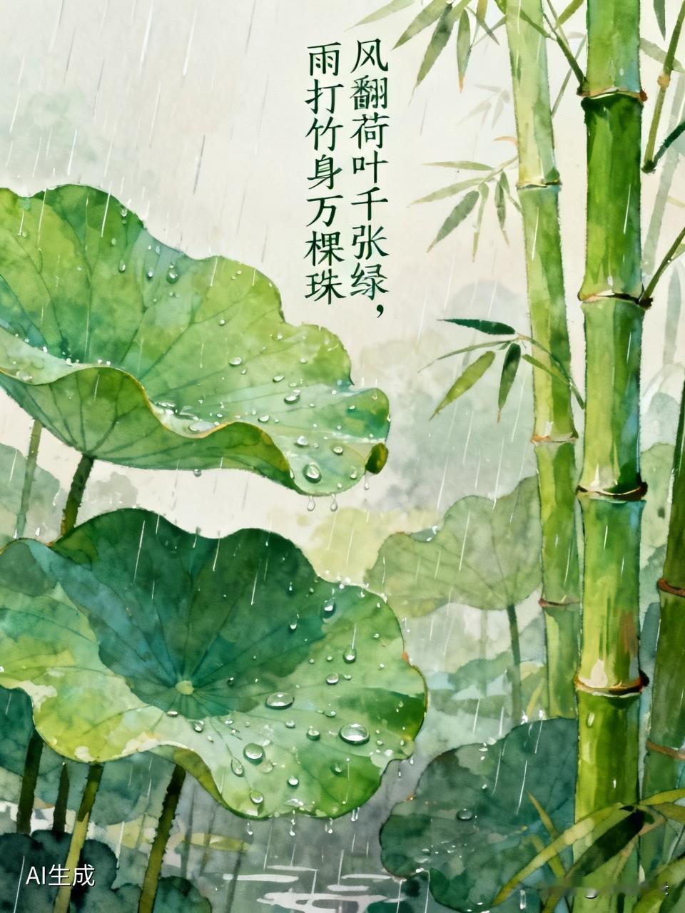 “风翻荷叶千张绿，雨打竹身万棵珠”，这联简直绝了！短短两句，一幅灵动的画面就跃然