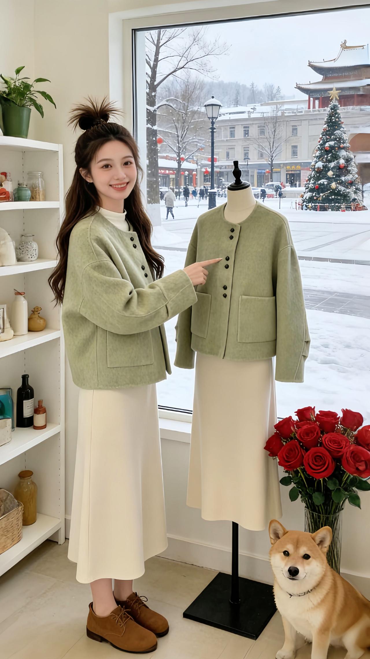 Danny的冬日小香风穿搭也太绝了吧！麦田绿毛呢外套搭米白长裙，半扎丸子头甜妹感