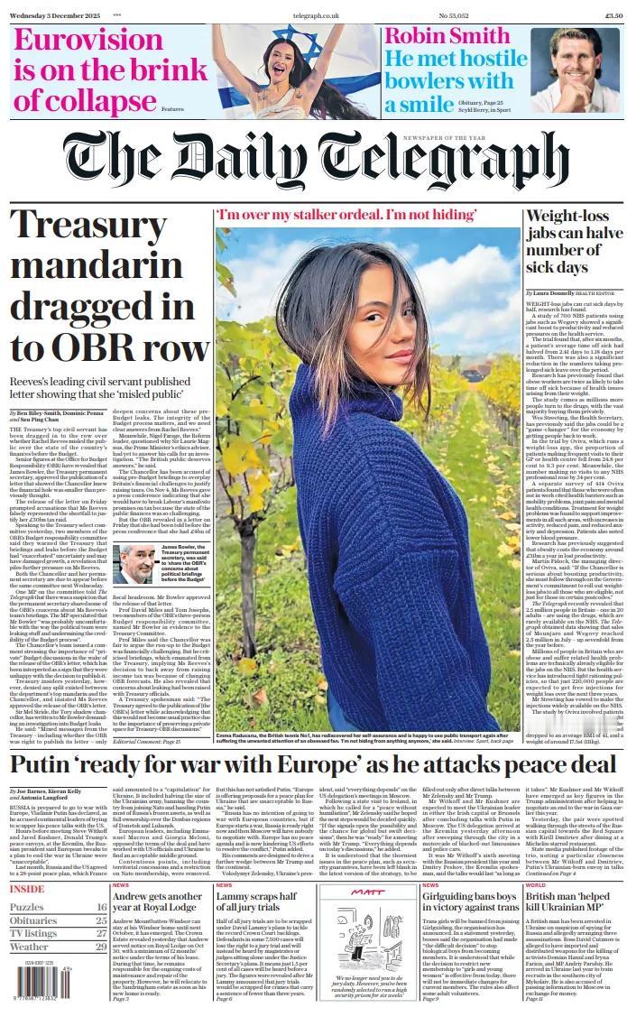 《每日电讯报》报道称，英国财政部的最高文官已被卷入关于财政大臣雷切尔·里夫斯是否