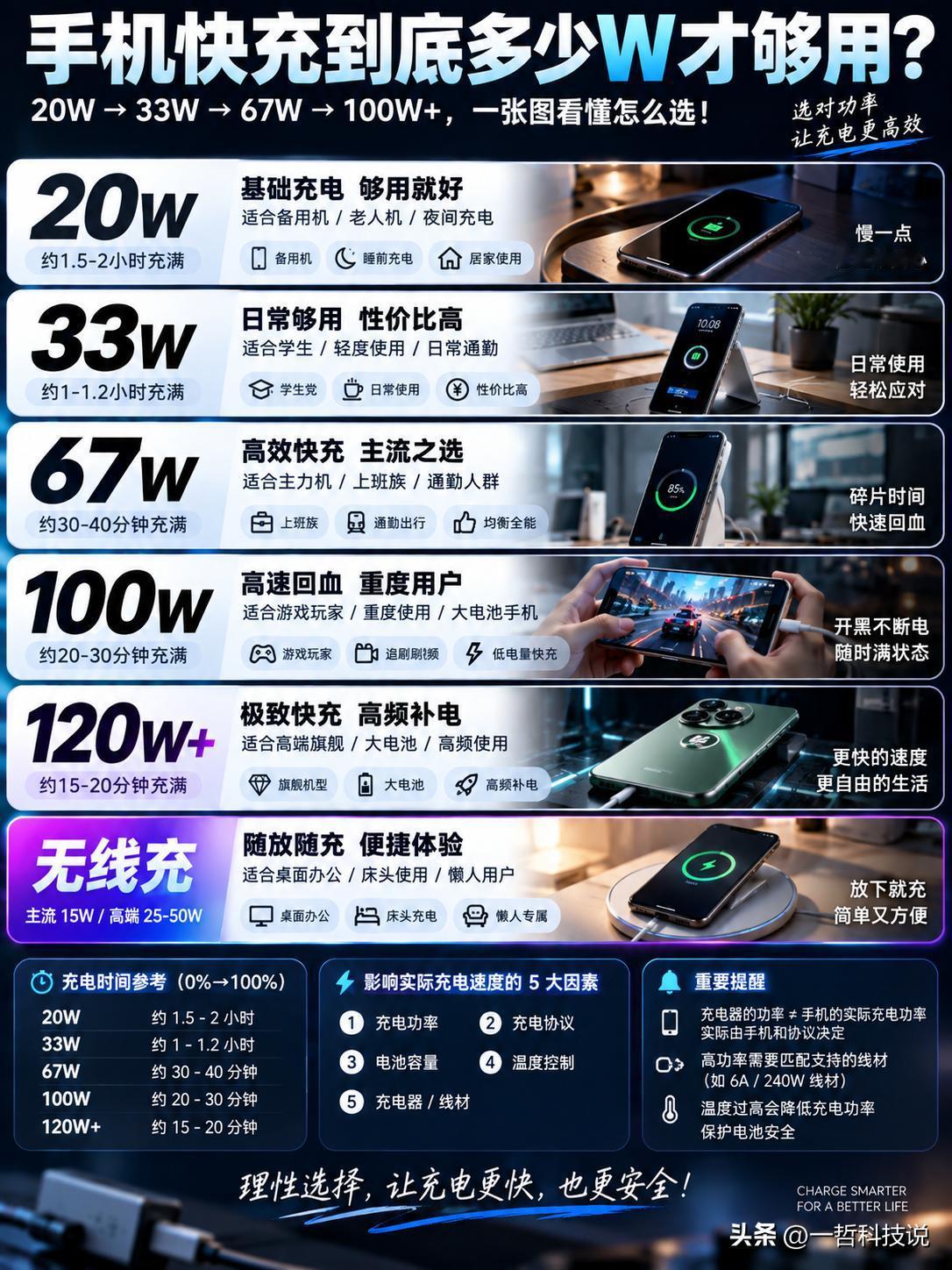 手机充电到底要多少W才够用？答案都在图里。

很多人买充电器，20W嫌慢，33W
