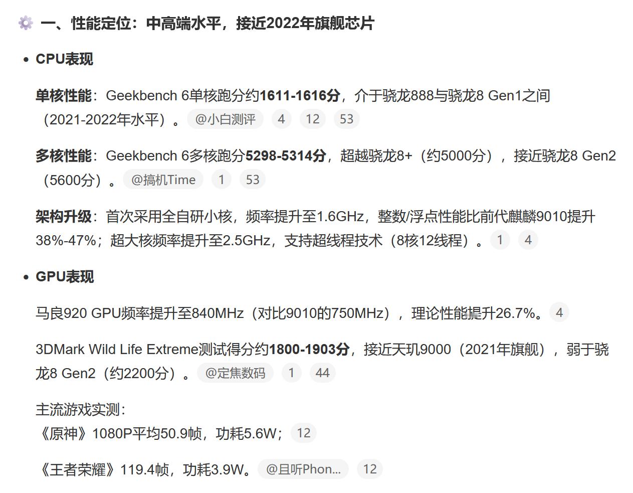 麒麟9020 处理器性能水平：介于骁龙 888 和骁龙 8gen1 之间。 ​​