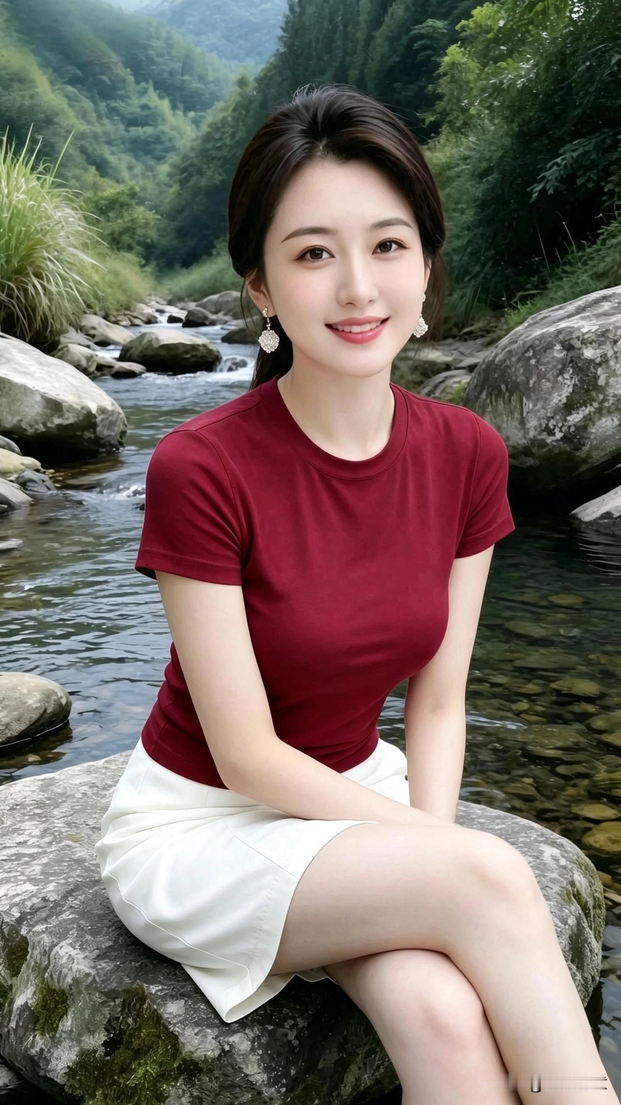 山间清溪微风拂面，酒红短袖搭配素雅白裙，简约干净的穿搭融进清幽山林。远离城市喧嚣