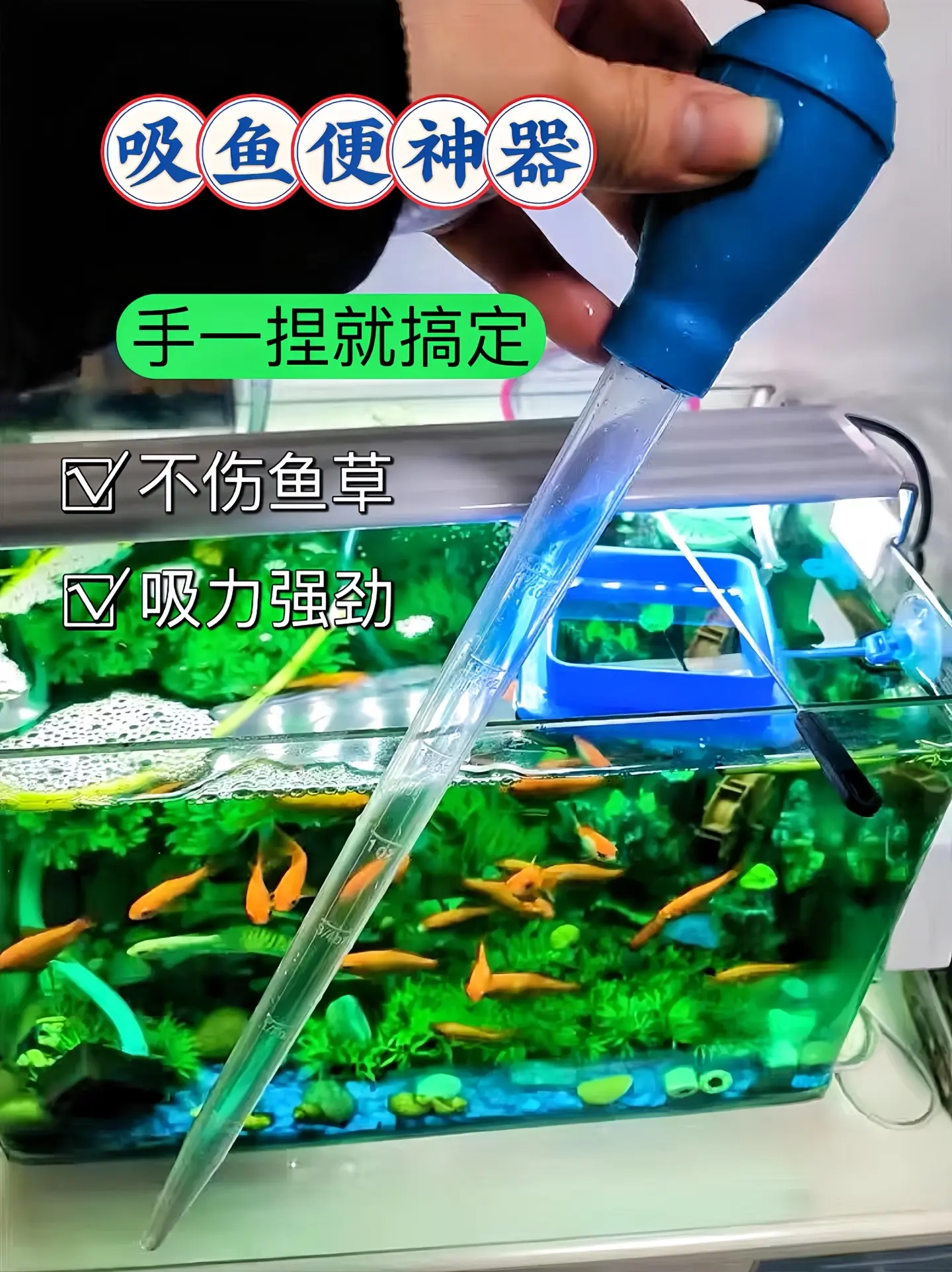 用这个轻轻一捏就能搞定，不伤鱼草，吸力强劲
