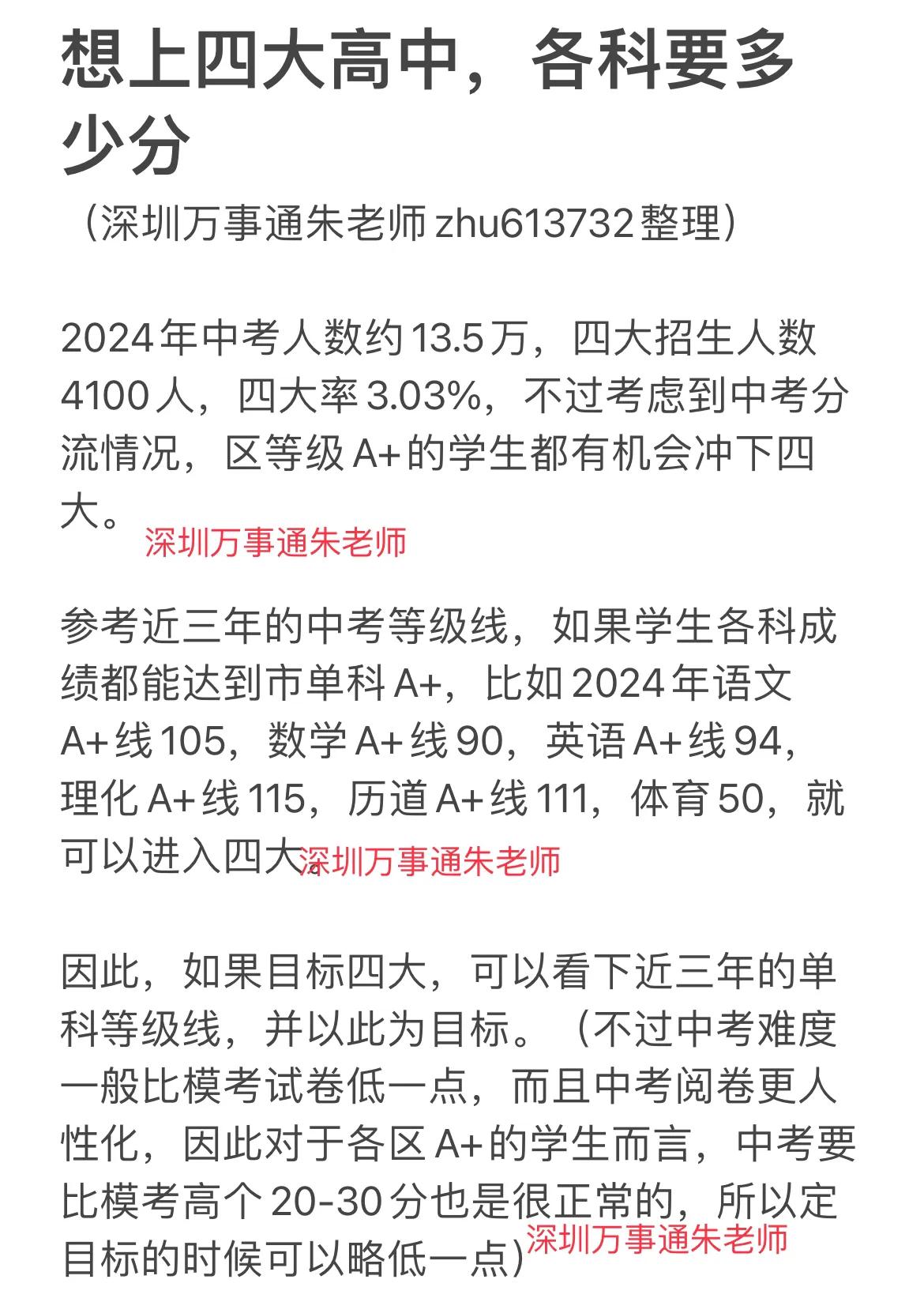 想上深圳四大高中，各科要多少分深圳中考 家有中考生