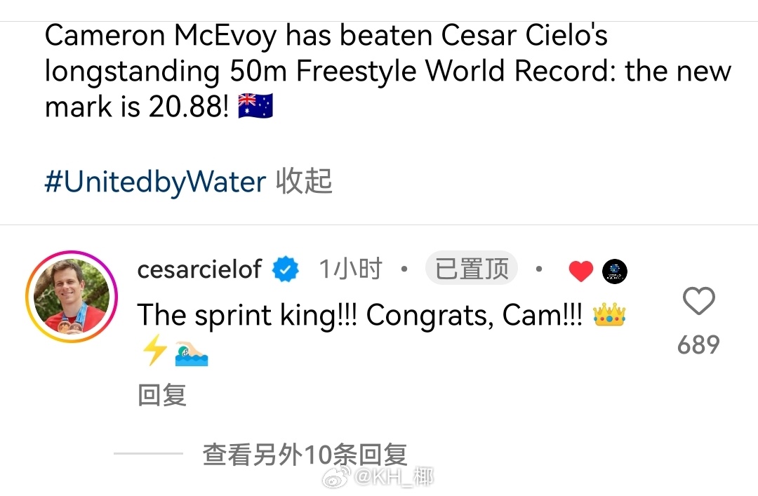 前世界纪录保持者小西埃洛的贺电也已经到达