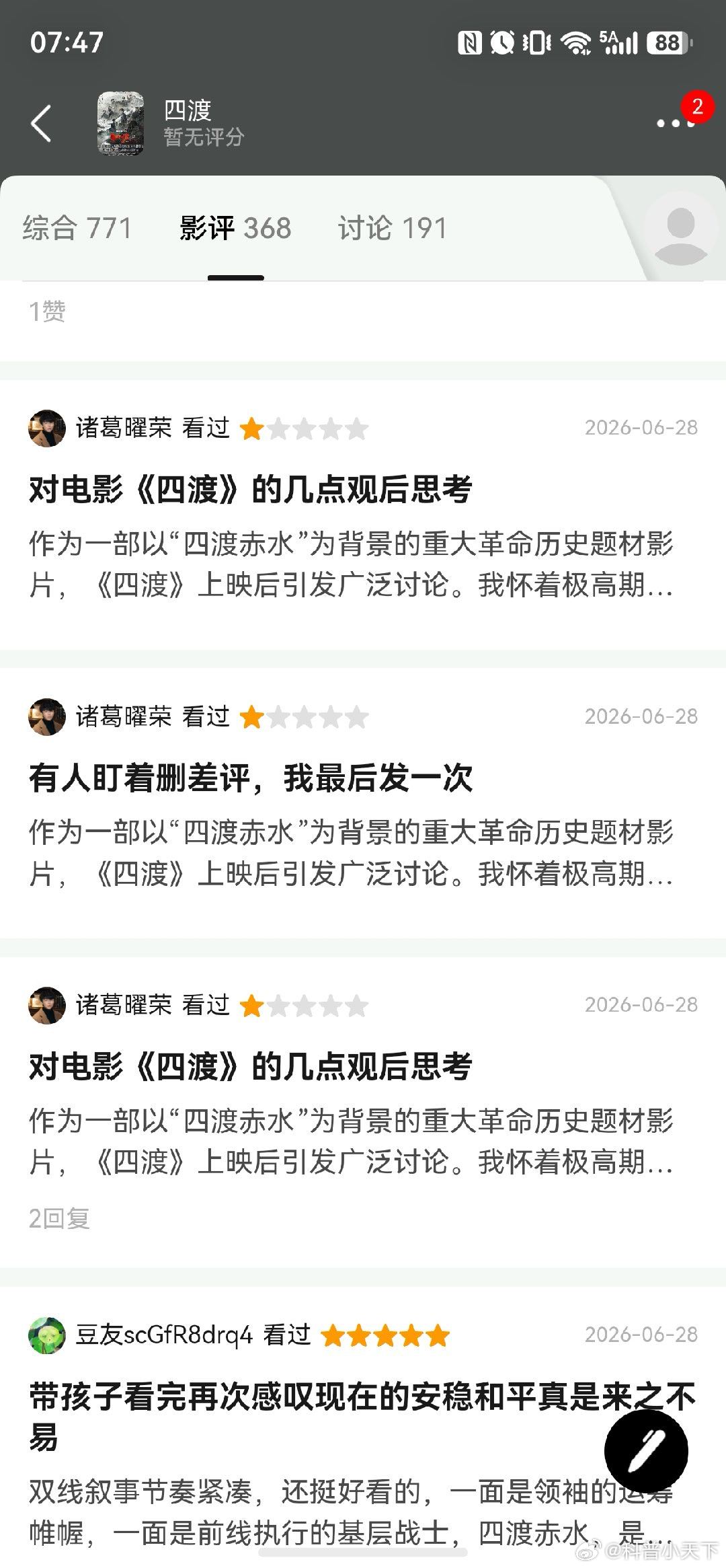 还没出评分，看了下四渡的豆瓣影评……发现，居然一个人还能给很多次差评啊随便翻看了