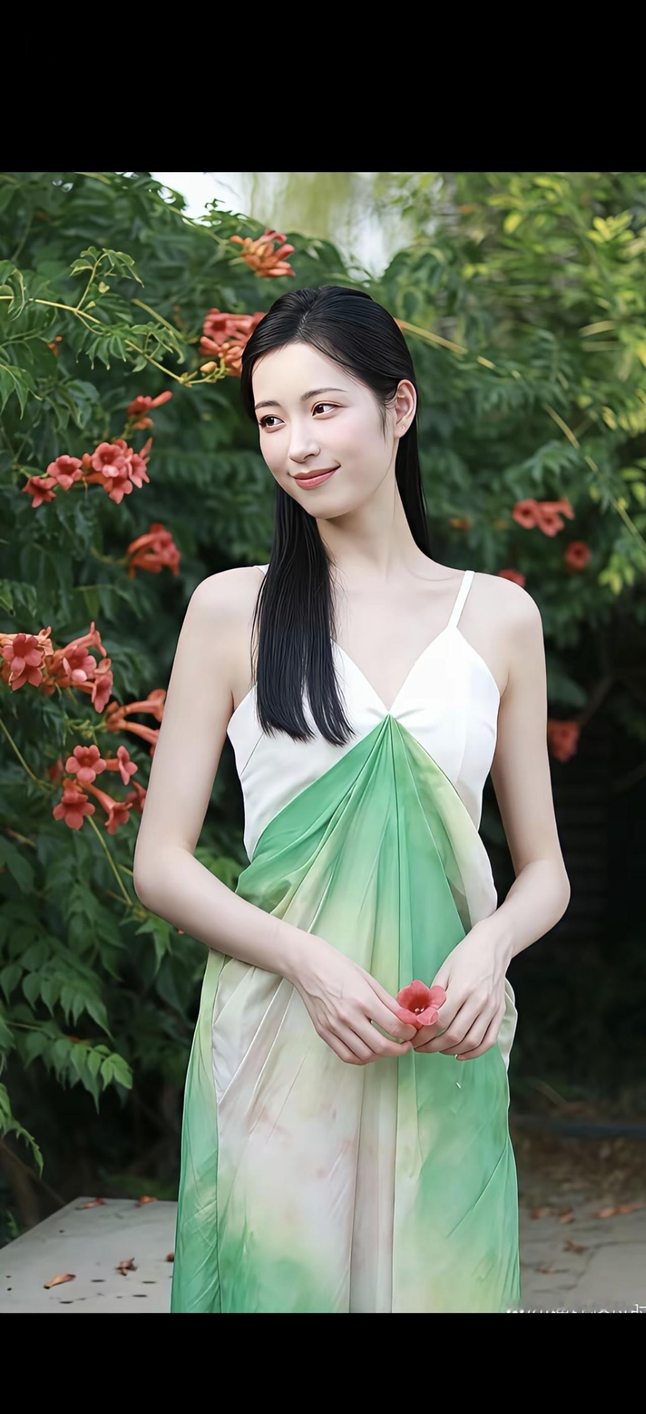 绿裙映红妆，花间笑语长。