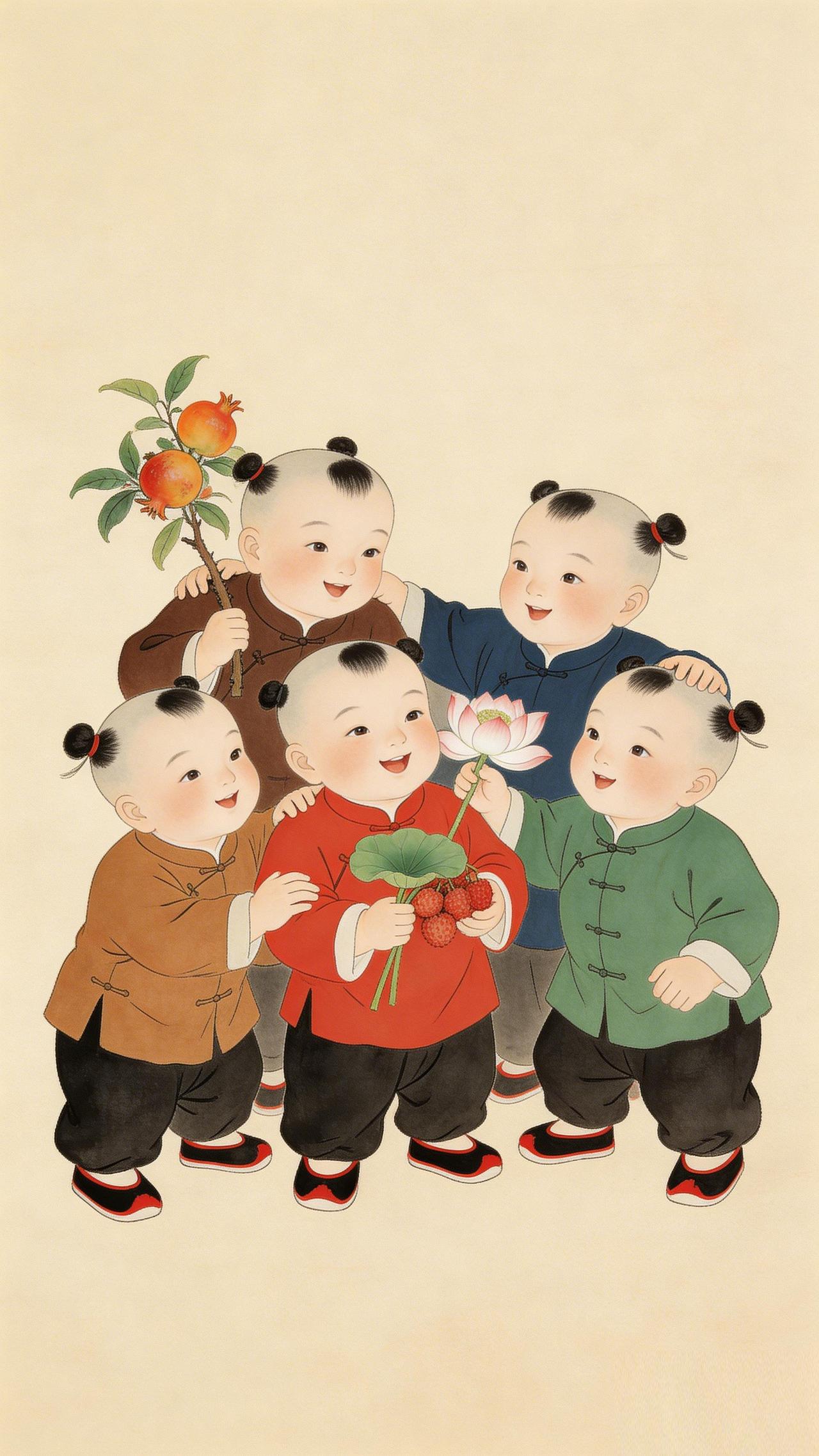 五子嬉春图，五福和合意
五位身着传统服饰的稚童围聚嬉戏，眉眼弯弯，憨态可掬，仿佛