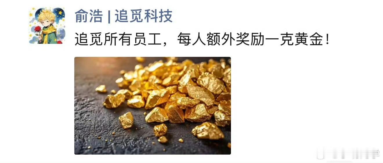 追觅春节奖励每位员工1克黄金 到年底了，大厂们的福利也要来了。有消息称追觅要全员