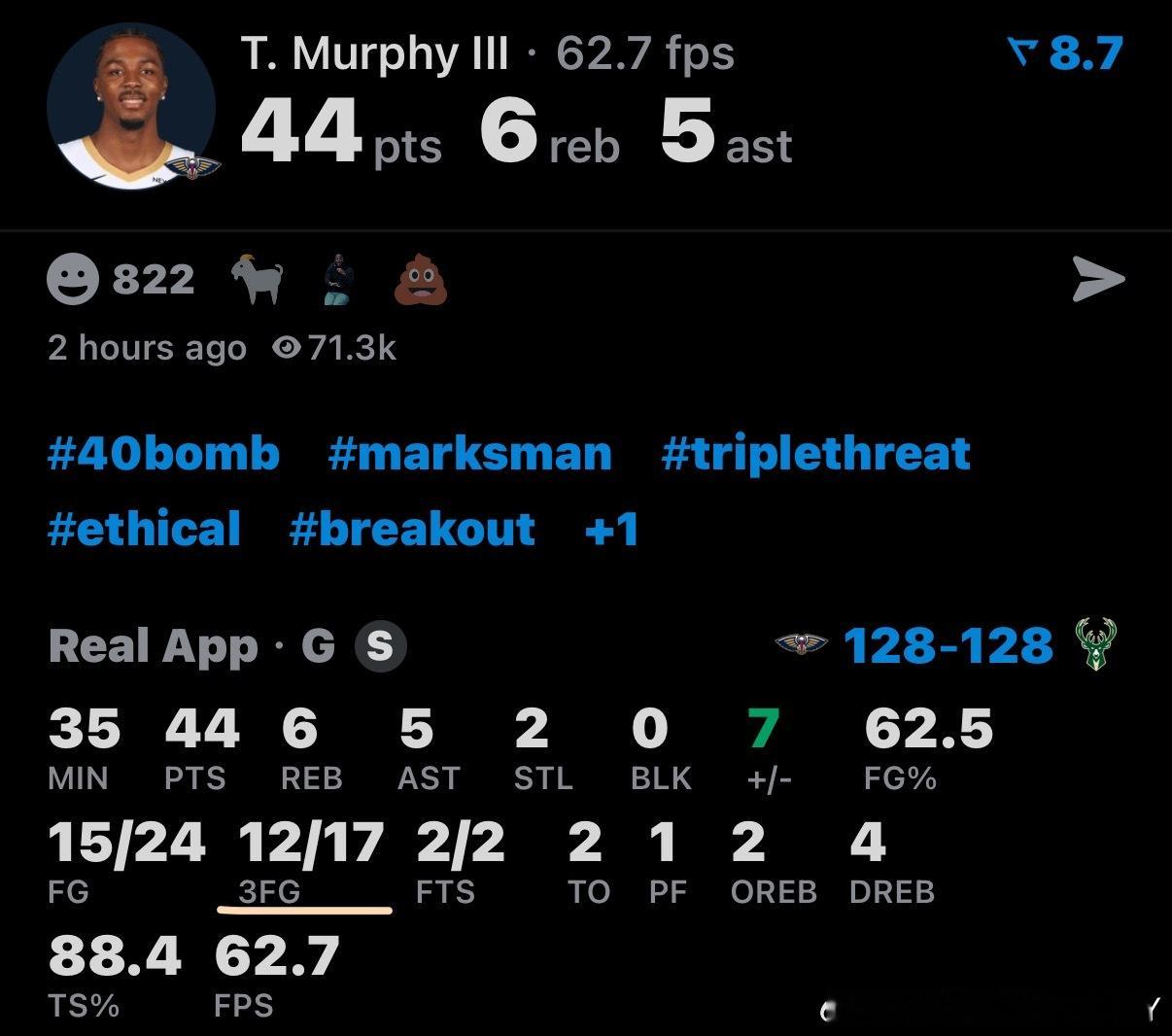 鹈鹕的墨菲三分12/17，老汤现在是不是默默的打开了比赛