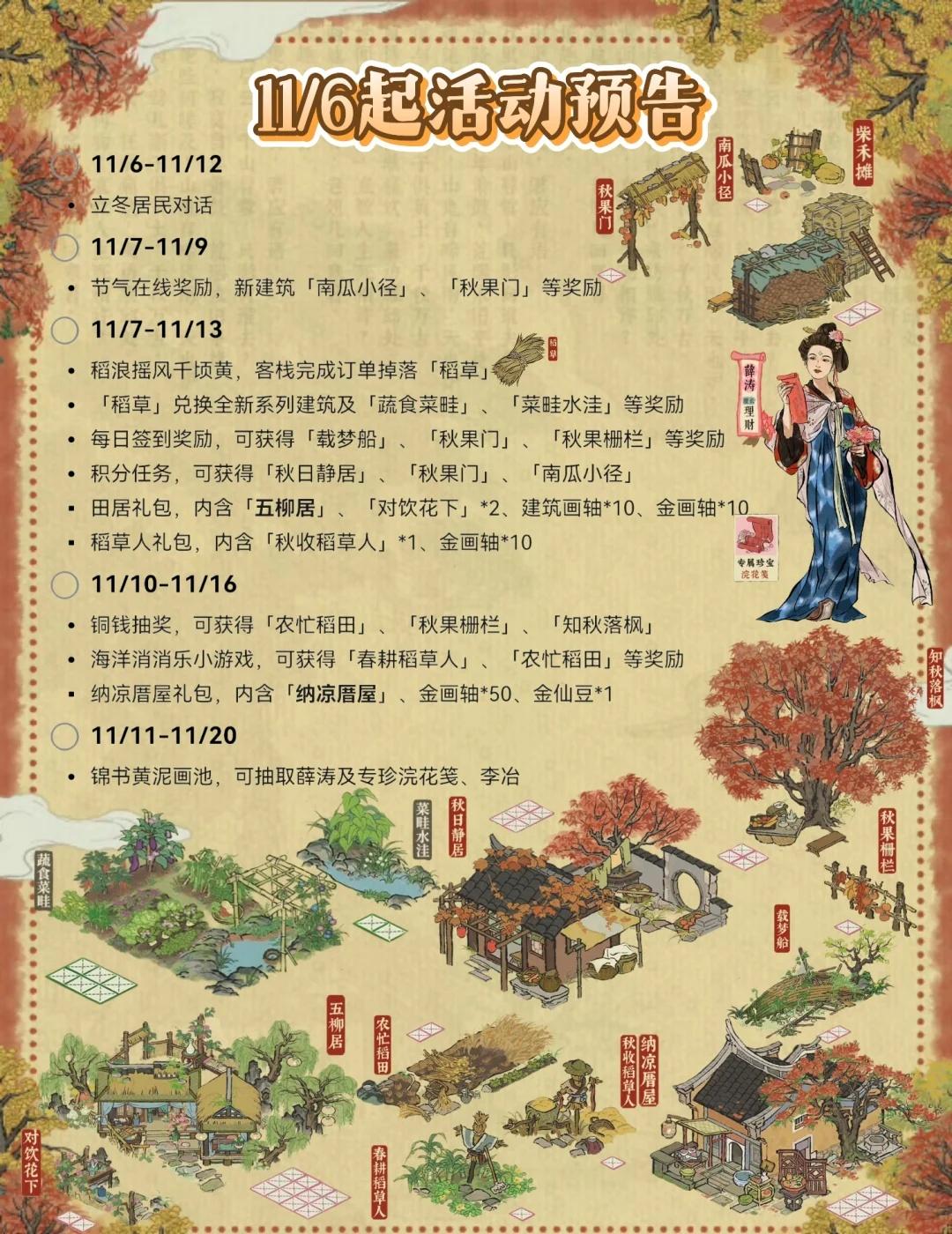🍂11/6起活动｜全新百搭秋日小建筑免费获得
P9薛涛数值、天赋、专珍图片来自