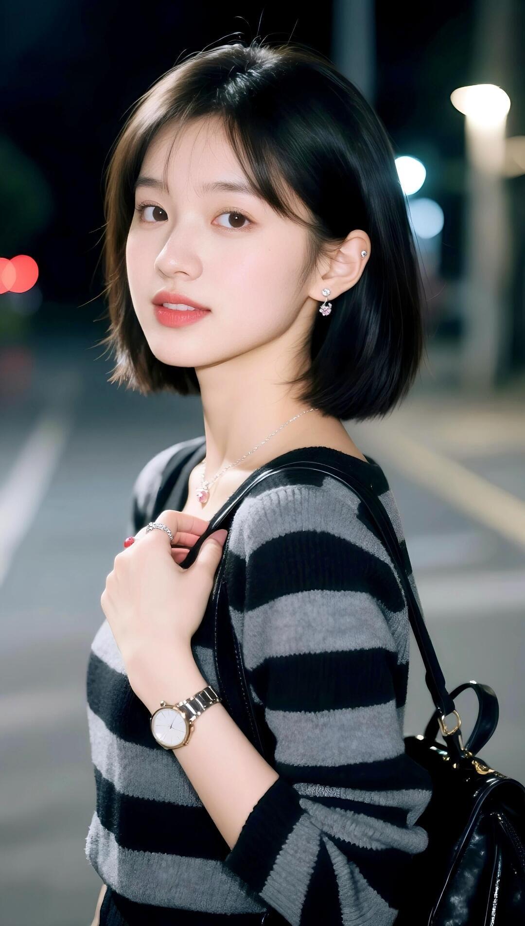 夜晚街头的温柔少女，黑白条纹毛衣搭配，优雅又迷人。