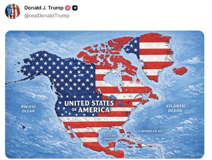 老特眼中的美国是这样子的。
近日老特P了一张新版的美国地图，
这张地图把整个北美