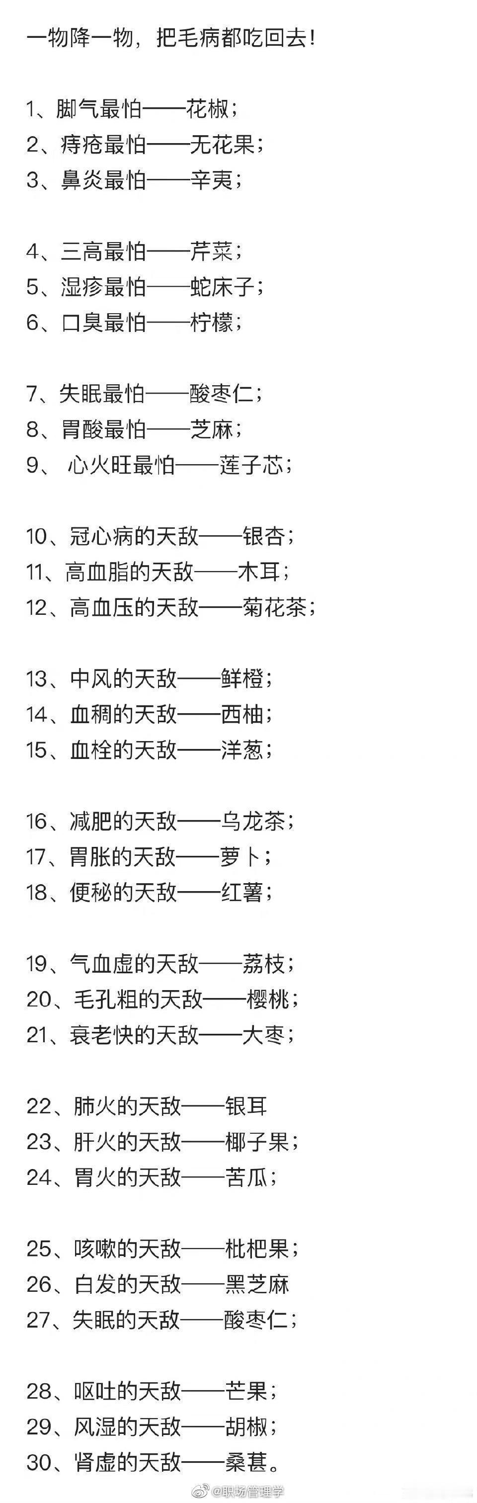 一物降一物，把毛病都吃回去！（转）1、脚气最怕——花椒；2、痔疮最怕——无花果；