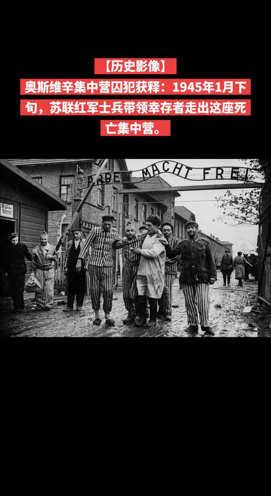 【历史影像】奥斯维辛集中营囚犯获释：1945年1月下旬，苏联红军士兵带领幸存者走