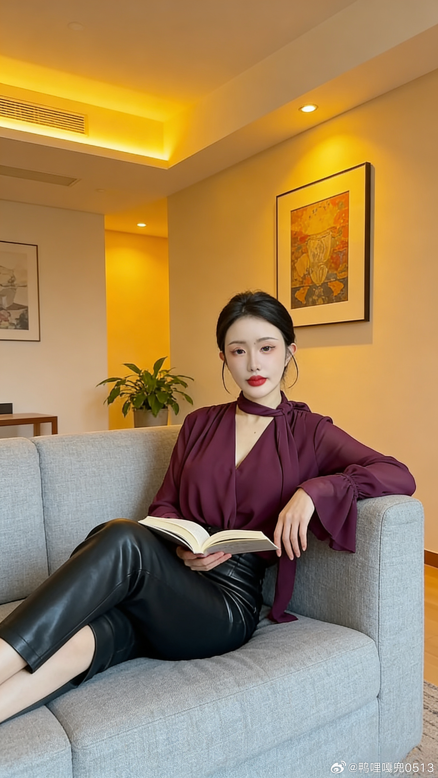 穿搭时尚穿搭今天穿什么ootd 酒红色V领长袖衬衫搭配黑色高腰皮裤时尚感爆棚 